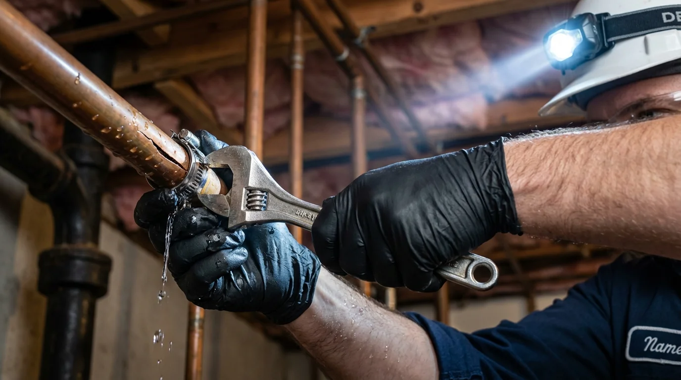 Emergency pipe clamp repair being performed by a Johns Plumbing LLC plumber in Ellenton