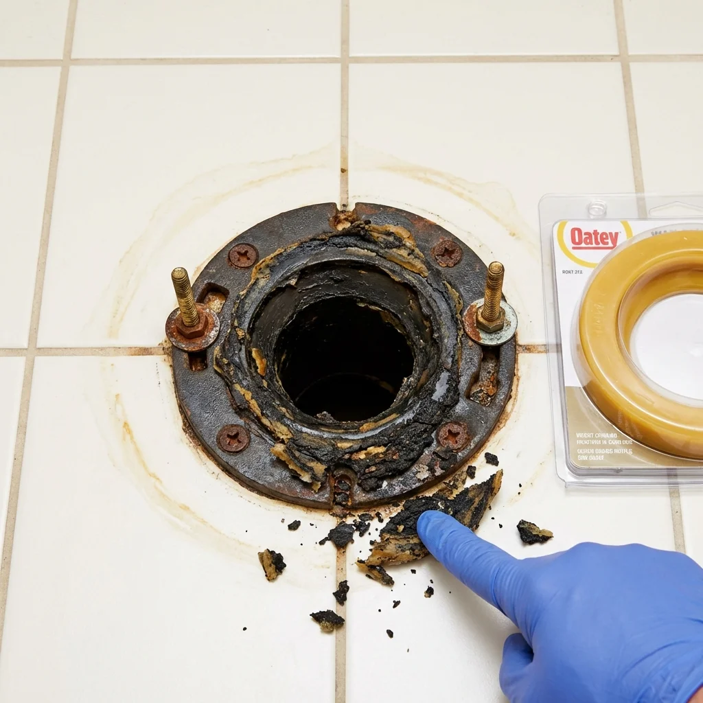 Failed wax ring showing water seepage at the base of a toilet in a Ellenton, FL home